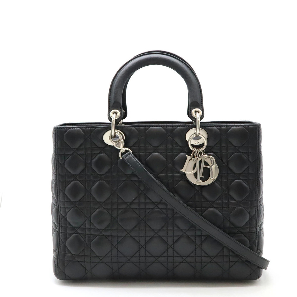 Christian Dior Lady Cannage 2way Shoulder Bag Leather Black